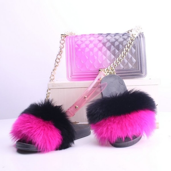 Faux Fur Slides with Matching Jelly Purses Rainbow Fluffy Slides