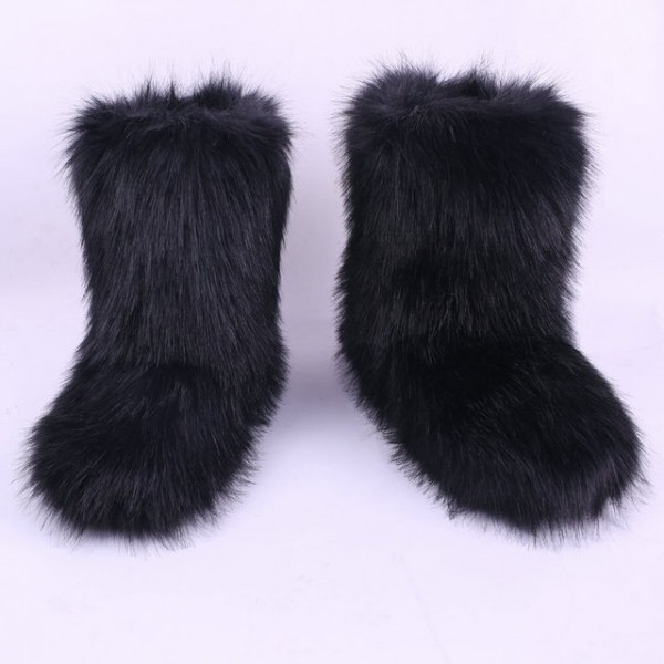 Women's Faux Fur Boots Chic Black Mid Calf Winter Boots