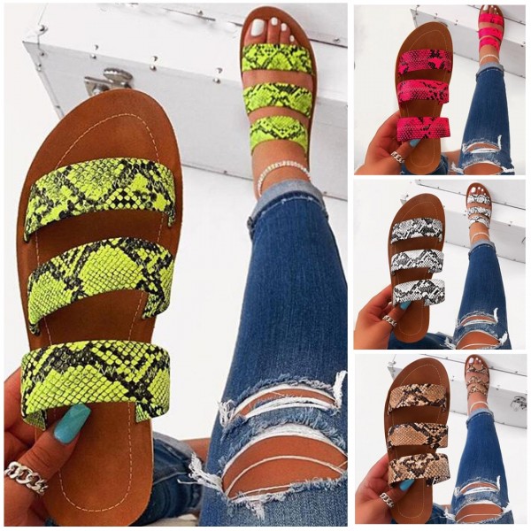 Women's Snakeskin Flat Sandals Chic Summer Open Toe Slides Slippers