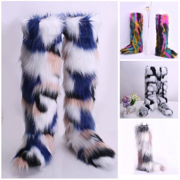 Women's Long Faux Fur Boots Rainbow Furry Over The Knee Boots