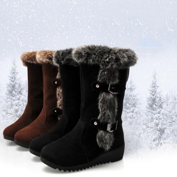 Black Wedge Boots with Fur Trim Women's Mid-Calf Fur Lined Boots