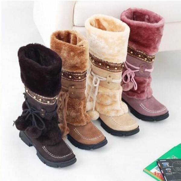 Women's Snow Boots Faux Fur Over Mid-Calf Pom Pom Winter Boots