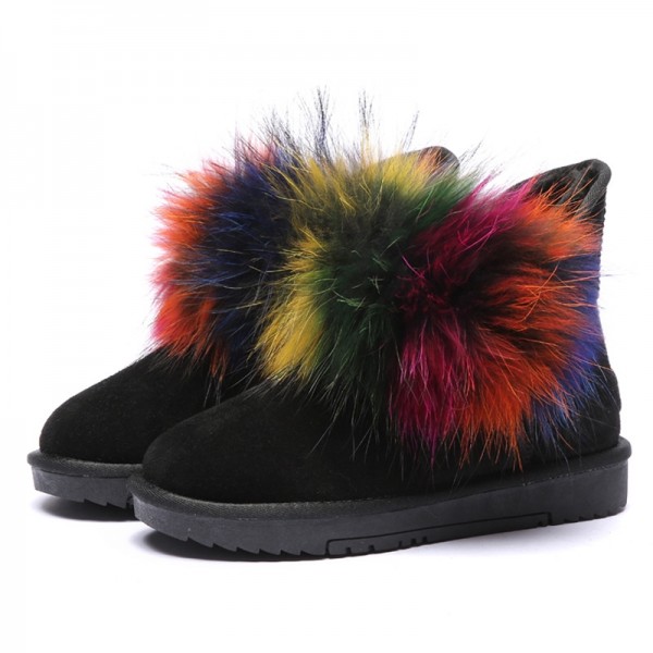 Women's Ankle Boots with Fluffy Rainbow Fox Fur Black Snow Boots