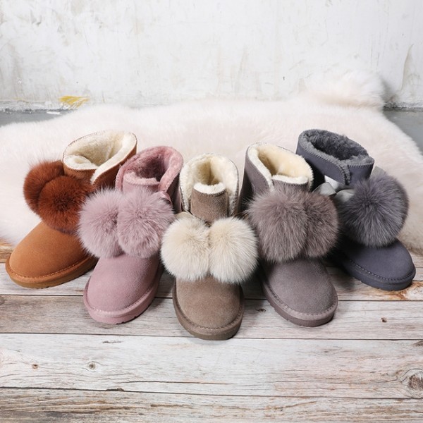 Cute Women's Suede Boots with Fur Pom Pom Winter Ankle Boots