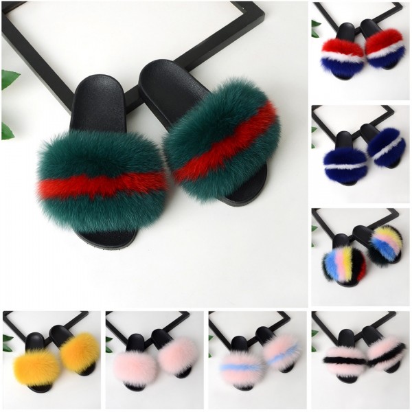 Women's Fox Fur Slides Rainbow Color Open Toe Furry Slippers