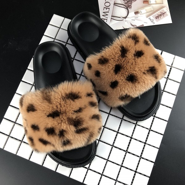 Women's Leopard Print Fur Slides Open Toe Slippers