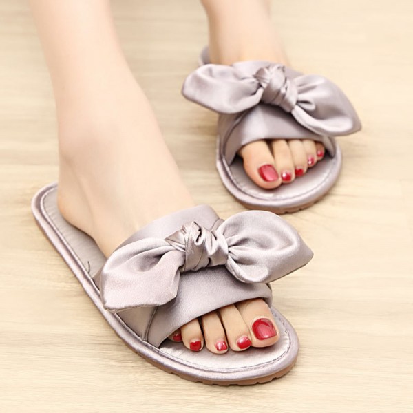 Womens Silk House Slippers with Bow Flat Memory Foam Slides for Wedding