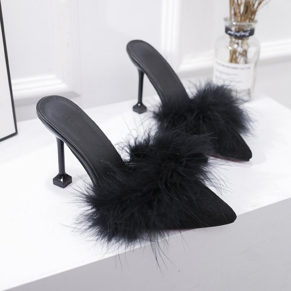 High Heel Fur Slippers Womens Pointed-Toe Stiletto Slipper Shoes