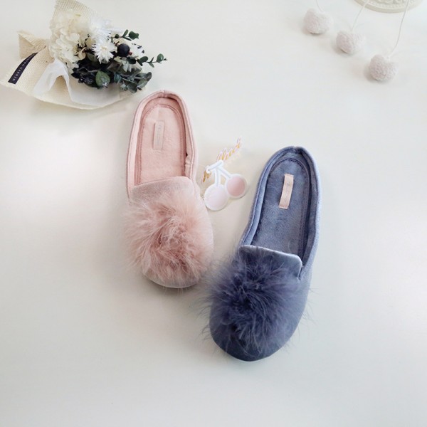 Women's Cozy Slippers with Fluffy Pom Pom Feather Ladies Memory Foam Slippers