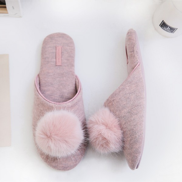 Cute Women's Pom Pom Slippers Cashmere Knit House Shoes for Ladies