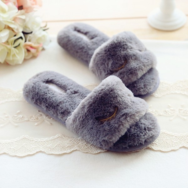 Women's Fur Slippers Open Toe Fluffy Slides with Embroidered Upper