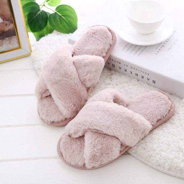 Womens Fuzzy Slippers Cross Band Ladies Slippers
