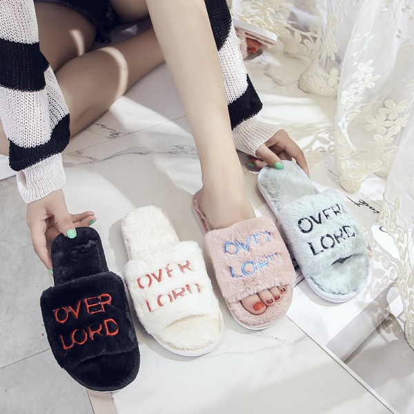 Fuzzy Womens Slippers Embroidered Letters Slides for Ladies