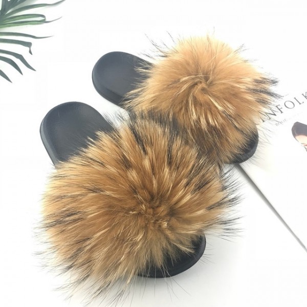 Women's Fox Fur Slides Furry Open Toe Outdoor Shoes