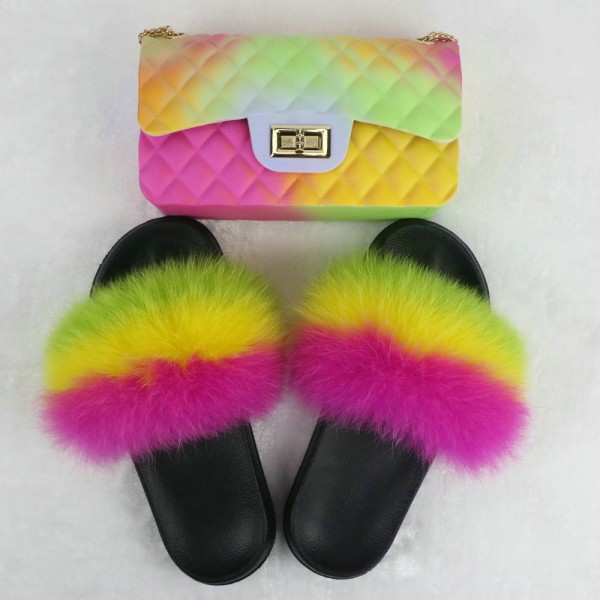 Colorful Women's Fur Slides with Matching Ombre Shoulder Bag Set