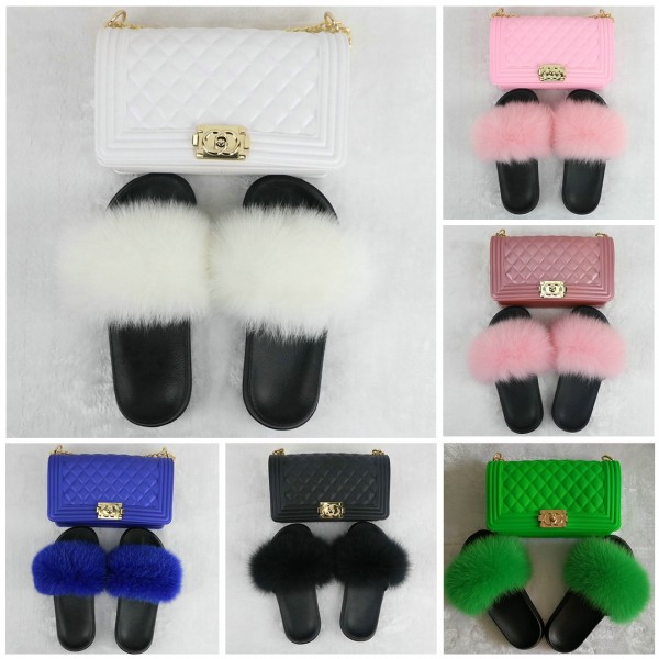 Solid Fur Slides with Matching Crossbody Jelly Purses