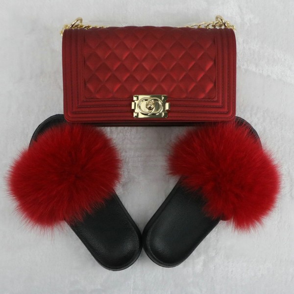 Hot Pink Fur Slides with Matching Color Chain Purses