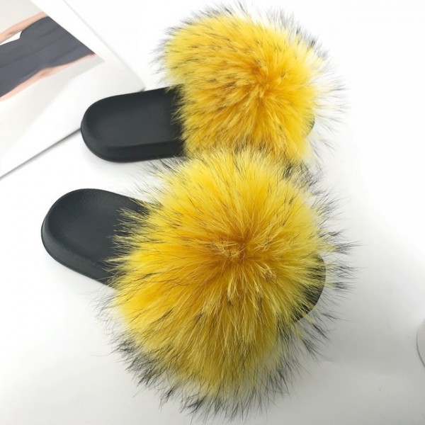 Fluffy Fox Fur Slides Bright Yellow Big Fur Sandals