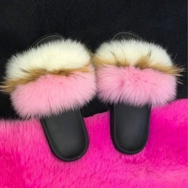 Rainbow Fox Fur Slides Stripes Chic Pink Fur Sandals