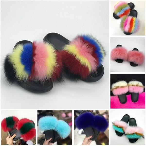 Rainbow Fox Fur Slides Stripes Chic Pink Fur Sandals