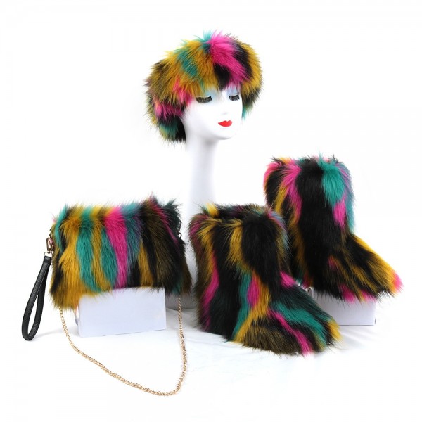 New Faux Fur Boots with Matching Fur Headband and Chain Strap Bag Set
