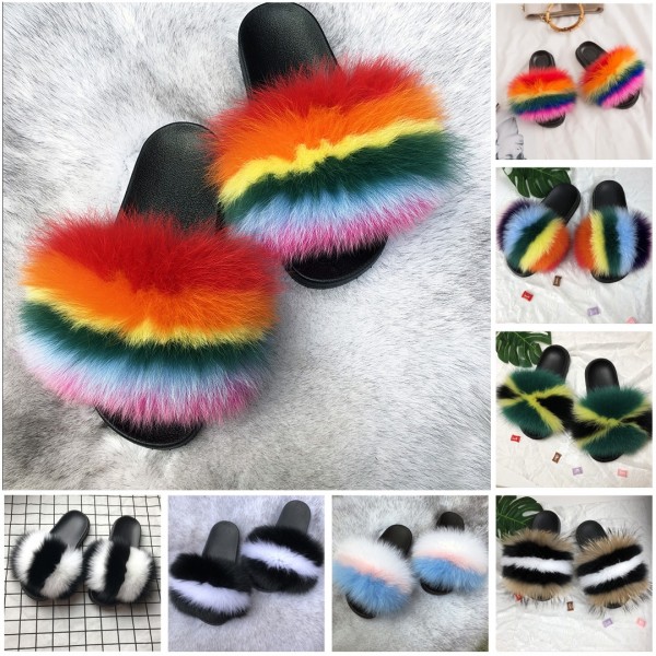 Colorful Fur Slides Open Toe Summer Fluffy Fur Sandals