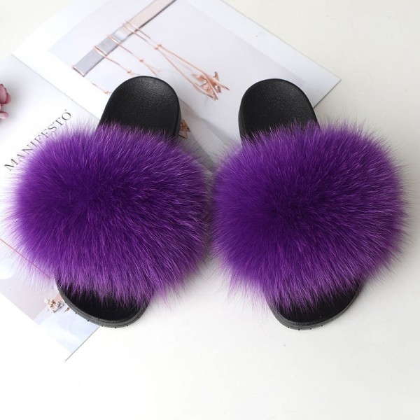 Purple Fox Fur Slides Fluffy Women's Summer Sandals