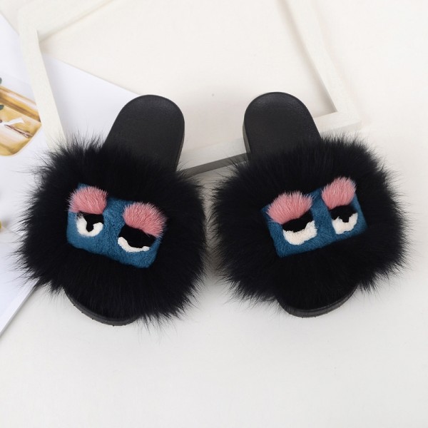 Cute Bird Fur Slides Black Fluffy Slide Sandals