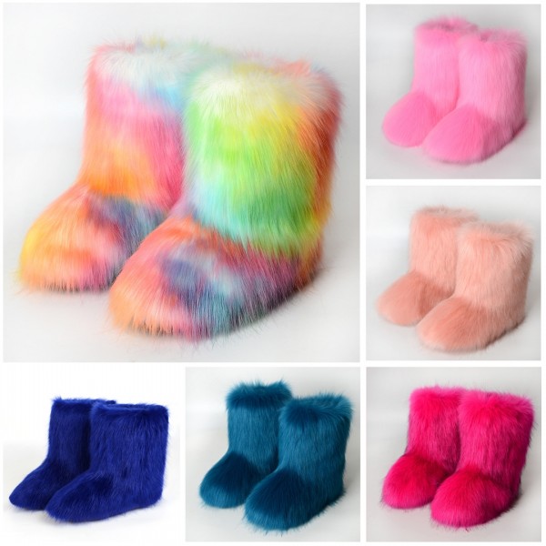 Winter Faux Fur Boots Women's Fluffy Mid-Calf Yeti Booties
