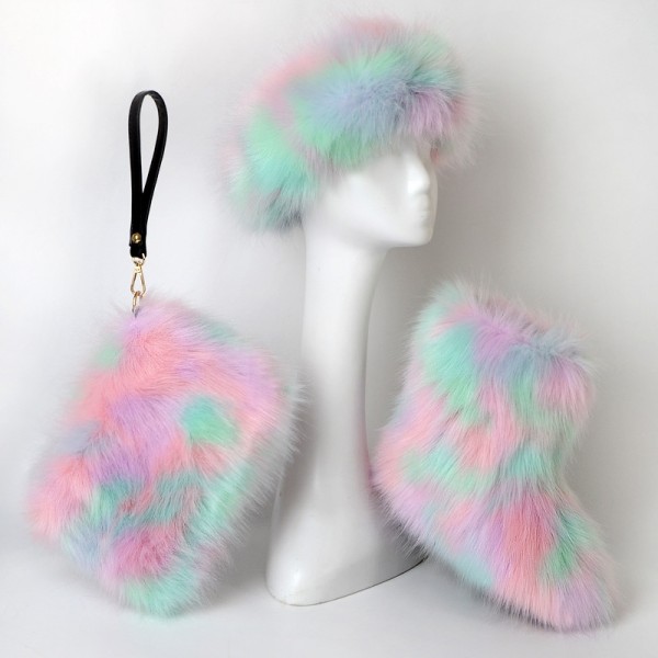 Pastel Fluffy Faux Fur Boots Fur Headband Fur Clutch Bag Set