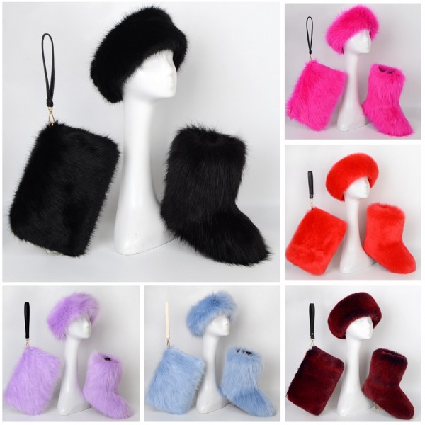 Amazing Solid Color Faux Fur Boots Headband Bag 3 Items Set