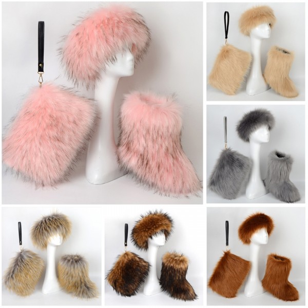 Fluffy Faux Fur Boots with Matching Headband and Clutch Purse Set
