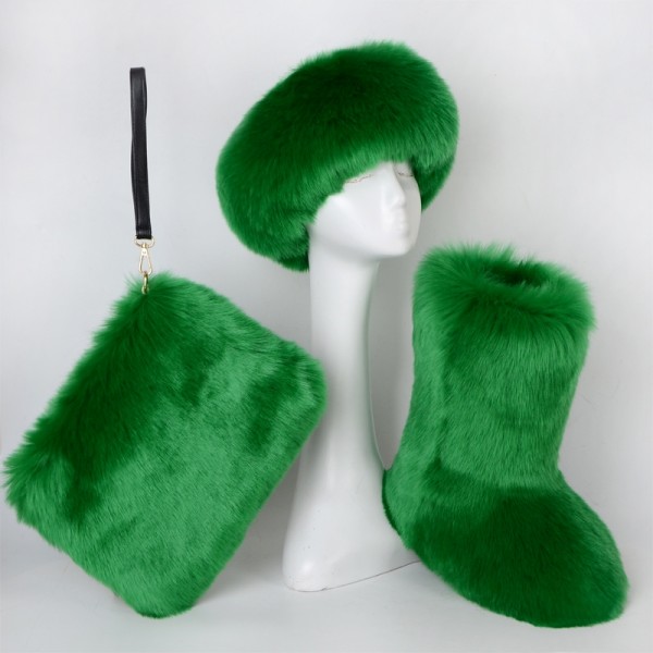 Plain Fluffy Faux Fur Boots Fur Headband Fur Wristlet Bag 3 Items Set