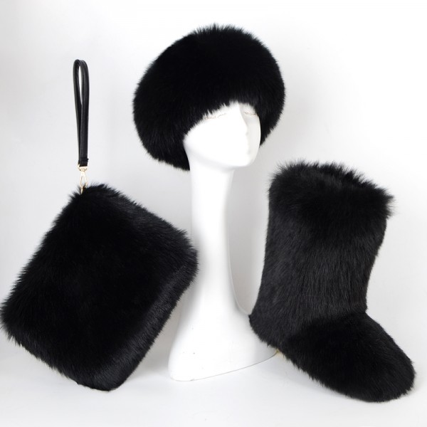 Black Fluffy Faux Fur Boots with Matching Fur Headband and Purse Set