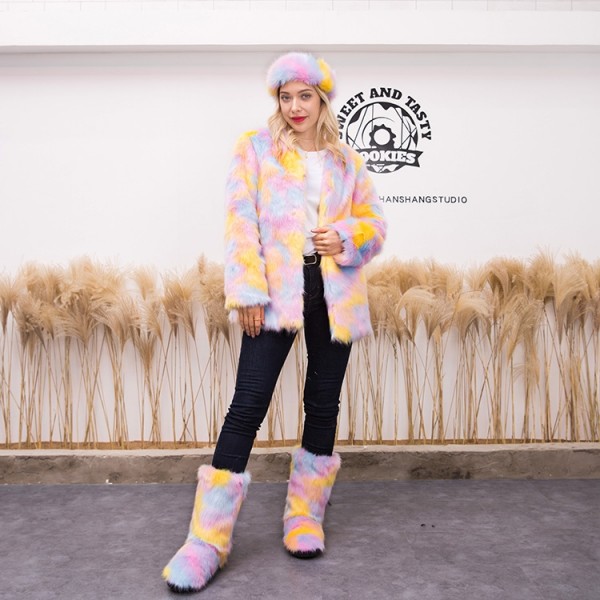 Women's Winter Faux Fur Coat Matching Color Furry Boots Fur Headband Set