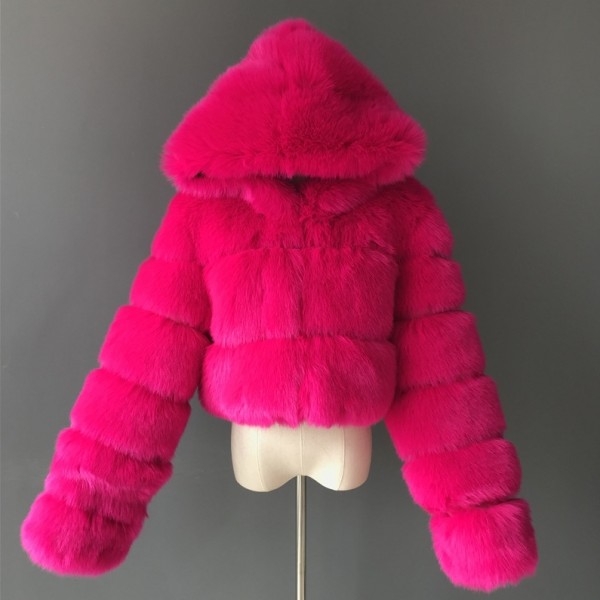 Women's Short Faux Fur Coat Hooded Cropped Fur Jacket