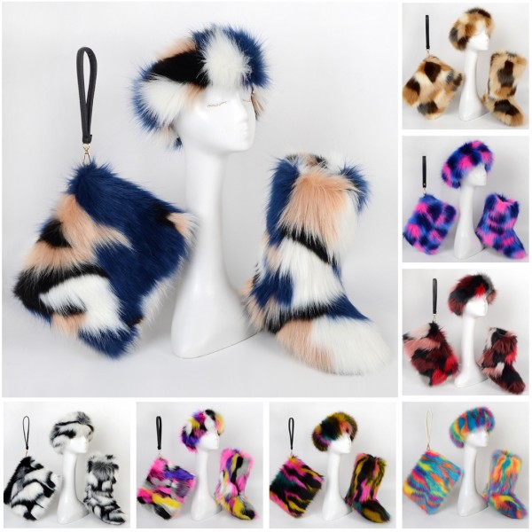 Women Multicolor Faux Fur Boots with Matching Fur Headband and Bag Set