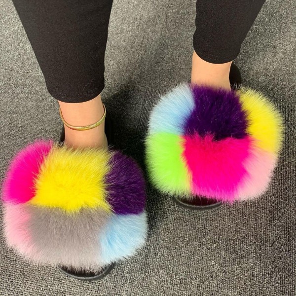 Rainbow Fur Slides Women's Summer Furry Sandals