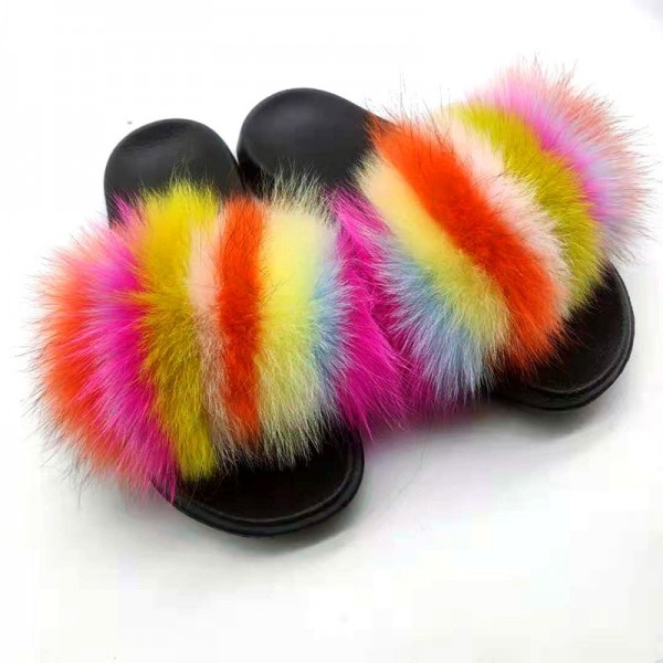 Colorful Real Fur Slides Rainbow Furry Slippers