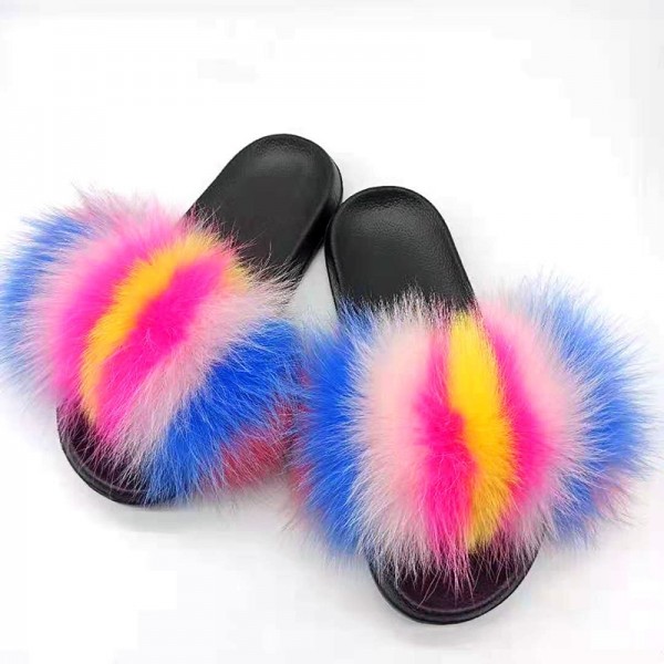 Furry Flat Slippers Fashion Fox Fur Slides For Women