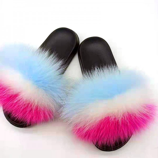 Chic Fox Fur Slides Furry Open Toe Flat Slippers For Women