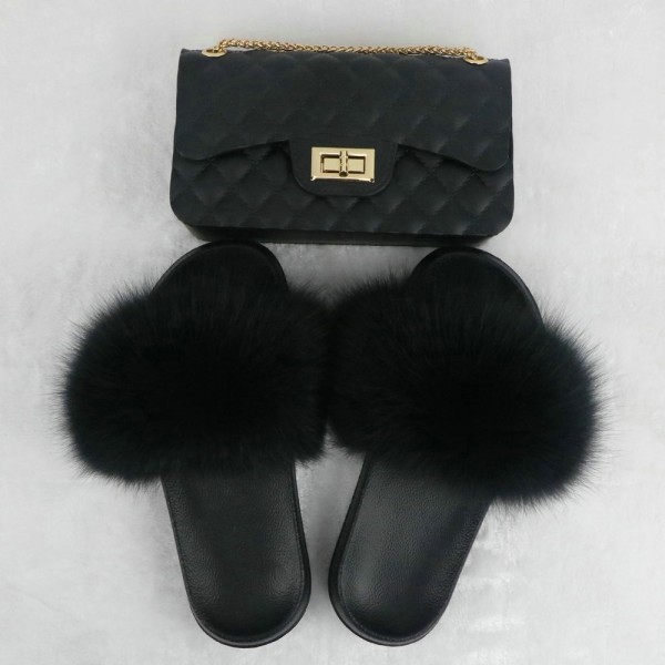 Black Furry Slides with Matching Color Chain Strap Purse