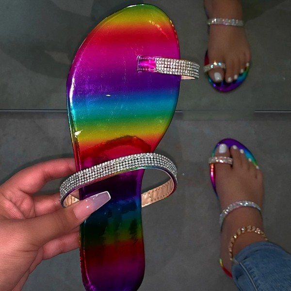 Shiny Toe Ring Sandals Rhinestones Snakeskin Slides Shoes