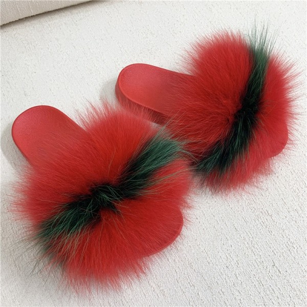 Rainbow Fur Slides Cute Women's Red Fluffy Slide Sandals