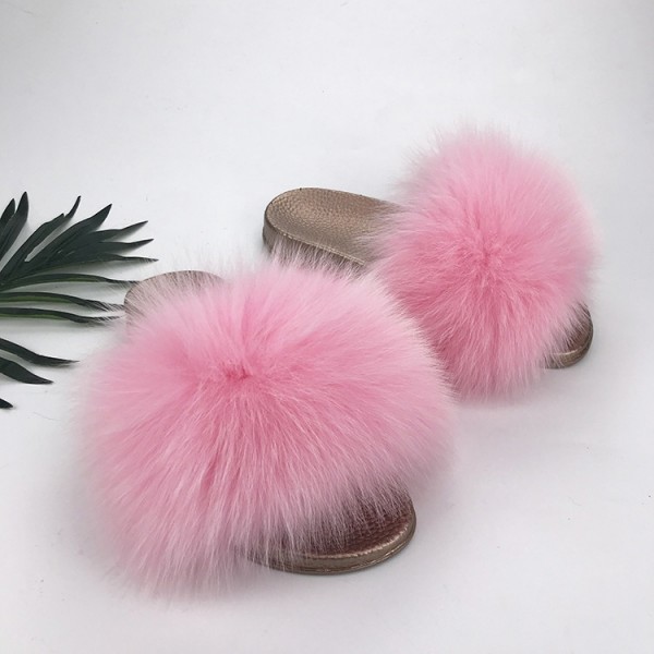 Pink Fur Slides Fluffy Gold Sole Women's Fur Sandals
