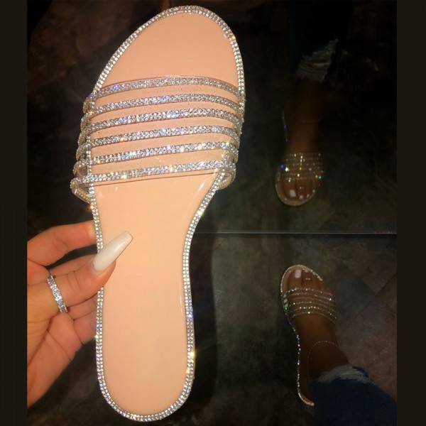 Shiny Women's Slide Sandals Rhinestones Transparent Strap Slippers