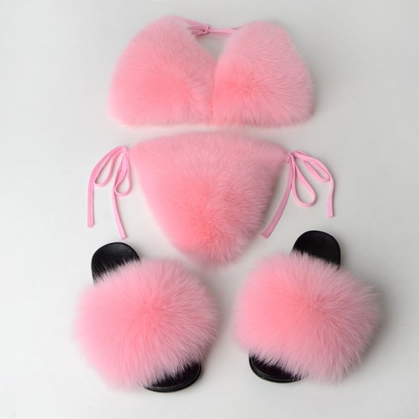Luxury Women's Fur Slides with Matching Fur Bikini Set