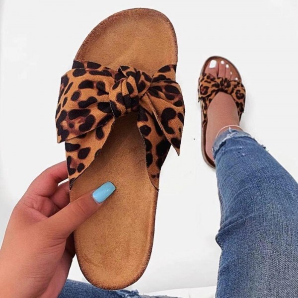 Leopard Slide Sandals Cute Bow Summer Slipper Shoes