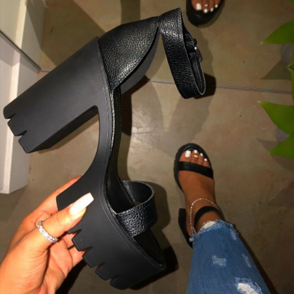 Black Platform Heel Sandals Basic Women's Chunky Sandals