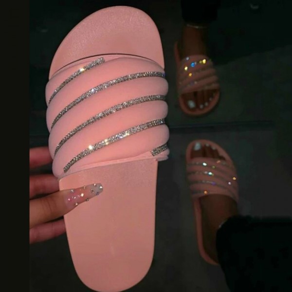 Cute Puffy Slide Sandals Women's Rhinestone Pink Slides